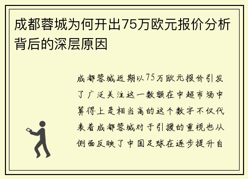 成都蓉城为何开出75万欧元报价分析背后的深层原因