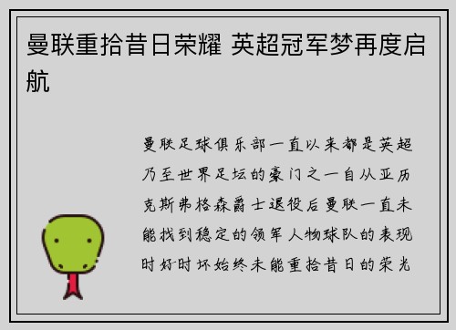 曼联重拾昔日荣耀 英超冠军梦再度启航