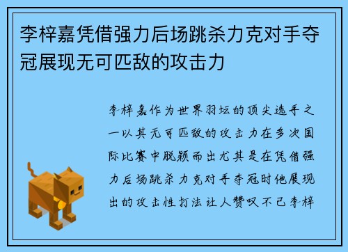 李梓嘉凭借强力后场跳杀力克对手夺冠展现无可匹敌的攻击力
