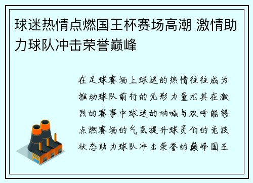 球迷热情点燃国王杯赛场高潮 激情助力球队冲击荣誉巅峰