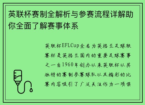 英联杯赛制全解析与参赛流程详解助你全面了解赛事体系