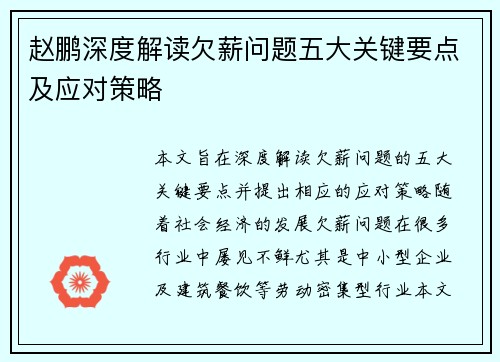 赵鹏深度解读欠薪问题五大关键要点及应对策略