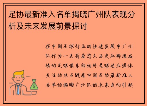 足协最新准入名单揭晓广州队表现分析及未来发展前景探讨